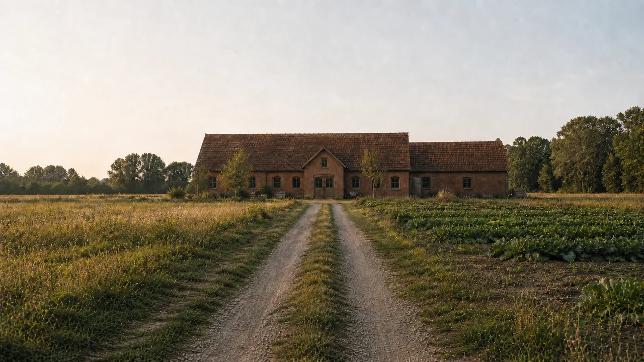 Landwirtschaftlicher Betrieb aus der Ferne, Feldweg zwischen Feldern